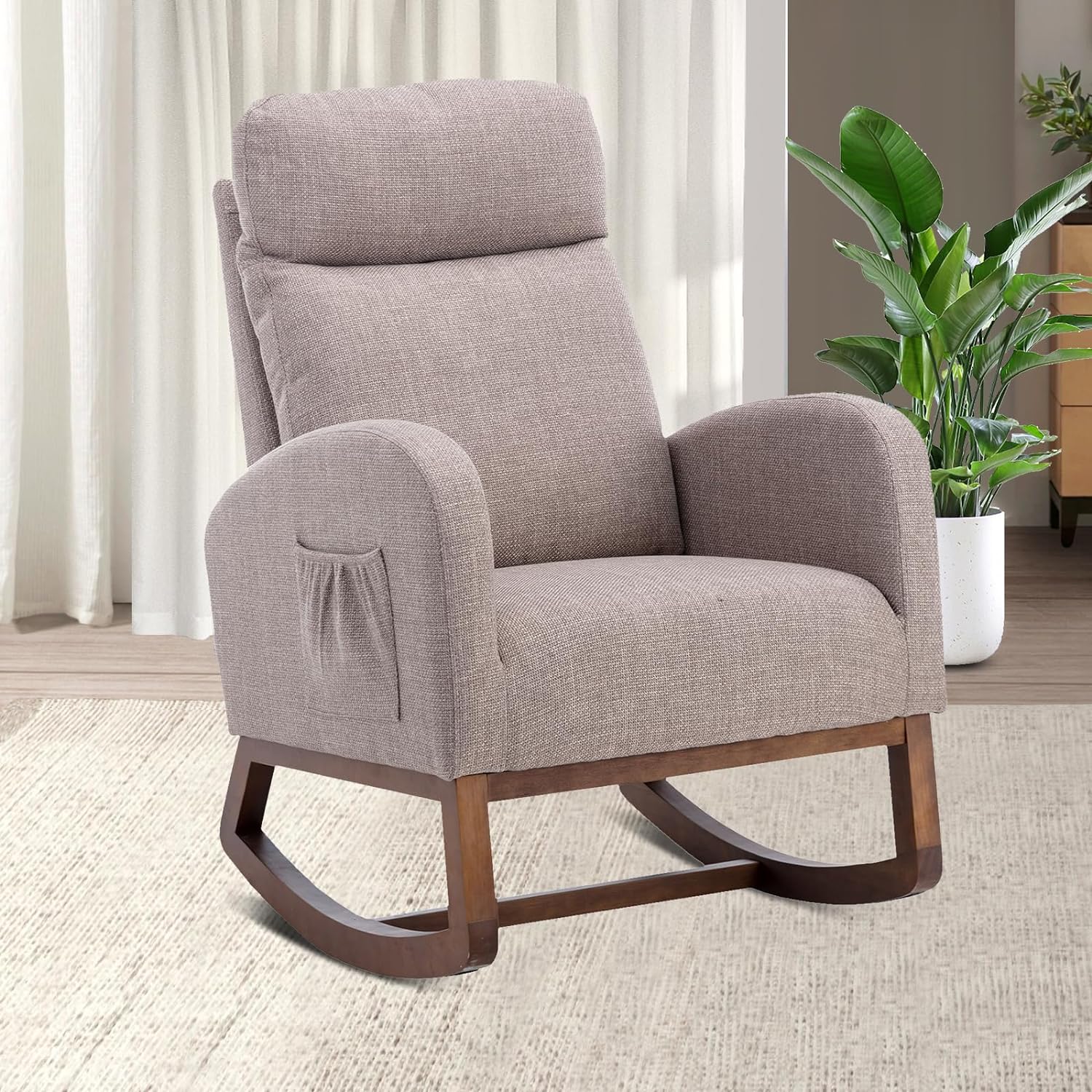 Nursery Rocking Chair, Upholstered Glider Chair for Nursery, Accent Rocker Chair with Tall Back & Side Pockets, Modern Leisure Single Arm Chair for Living Room, Bedroom (Grey)