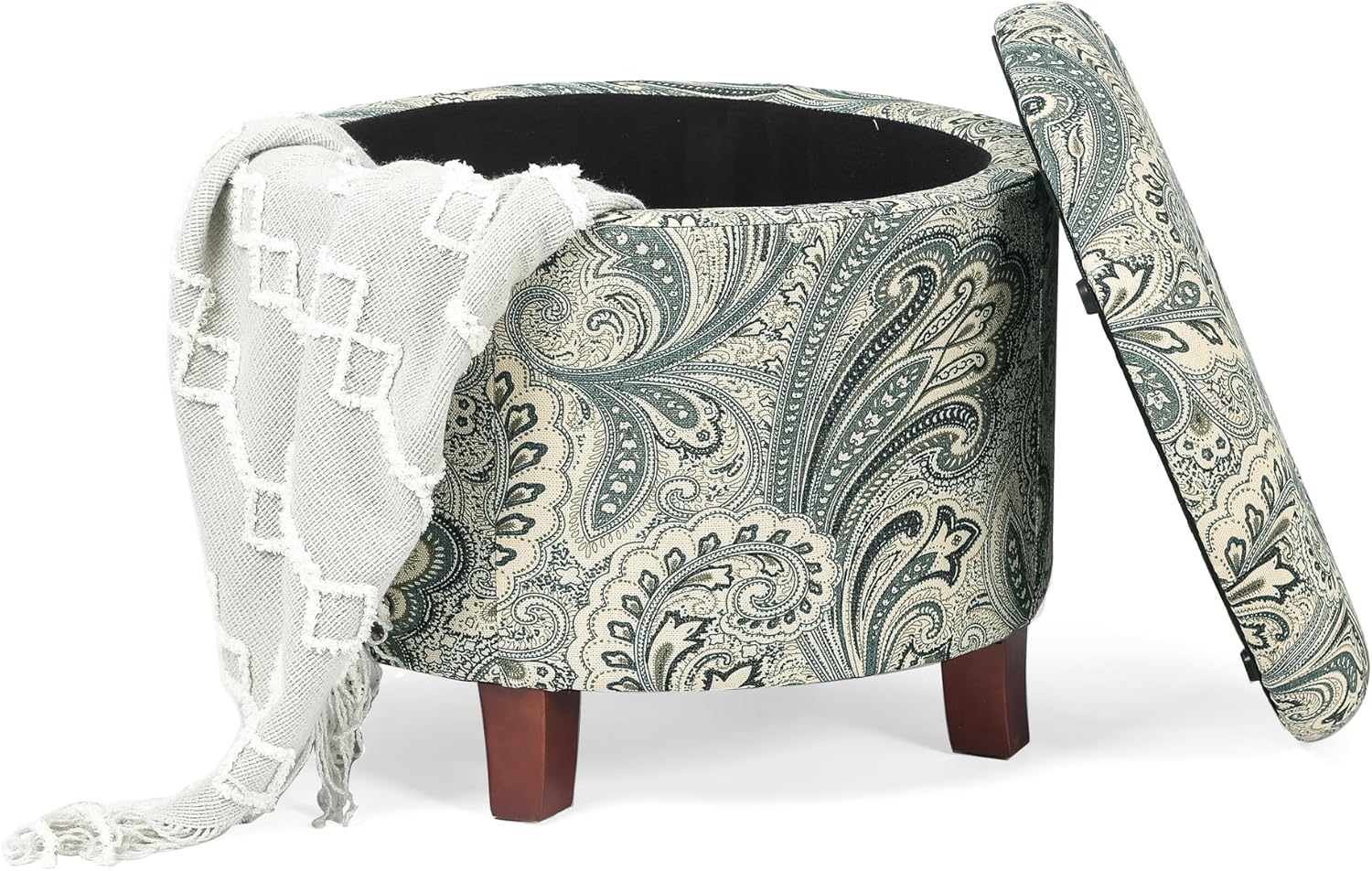 20’’ Tufted Round Ottoman with Storage - Storage Ottoman with Lid- Blue and Green Boho Paisley Fabric Upholstered Footstool