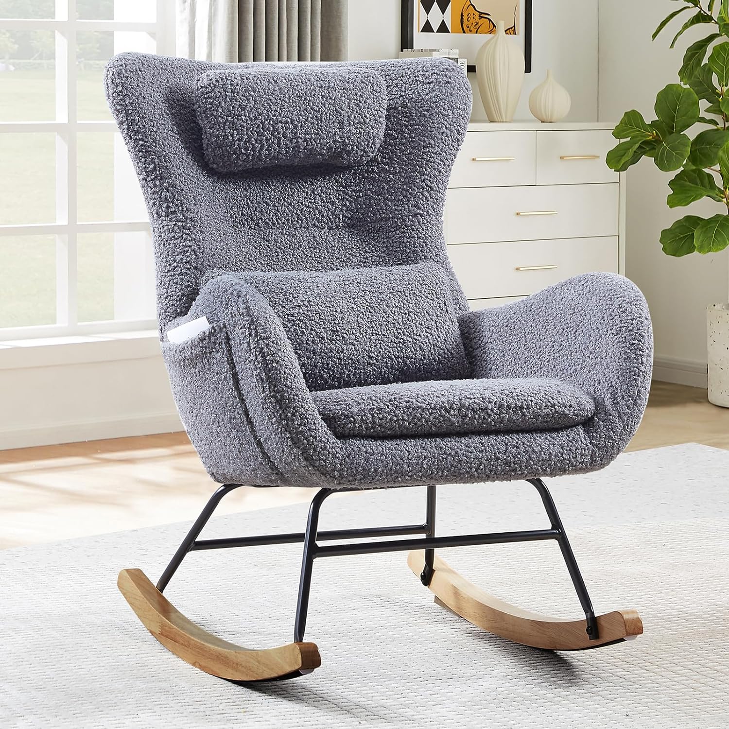 Nursery Rocking Chair, Teddy Upholstered Glider Rocker with Headrest and Lumbar Pillow, High Backrest Rocking Accent Chair with Side Pocket, Comfy Armchair for Living Room