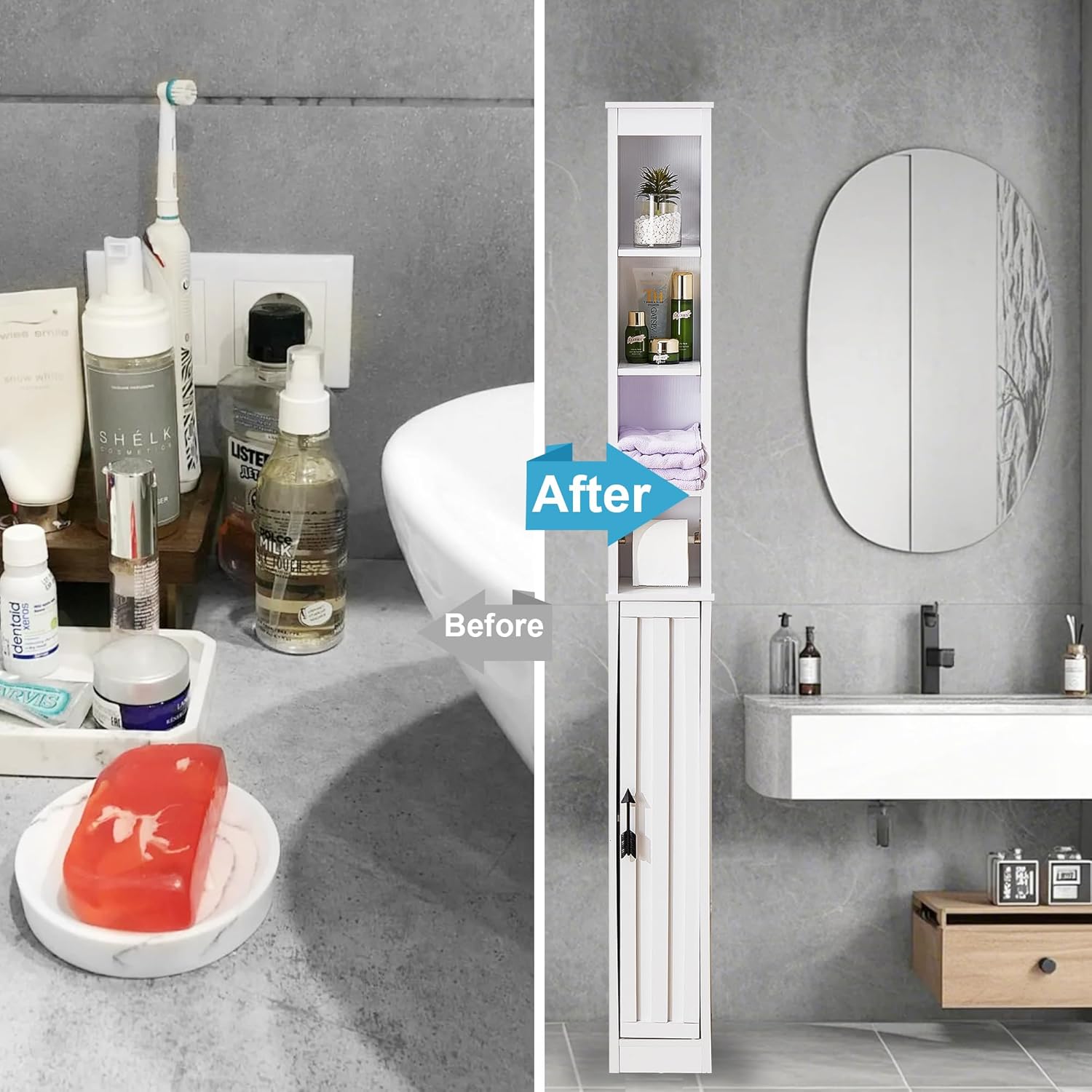 Bathroom Tall Cabinet with Adjustable Shelves, Slim Storage Cabinet with Toilet Paper Scroll