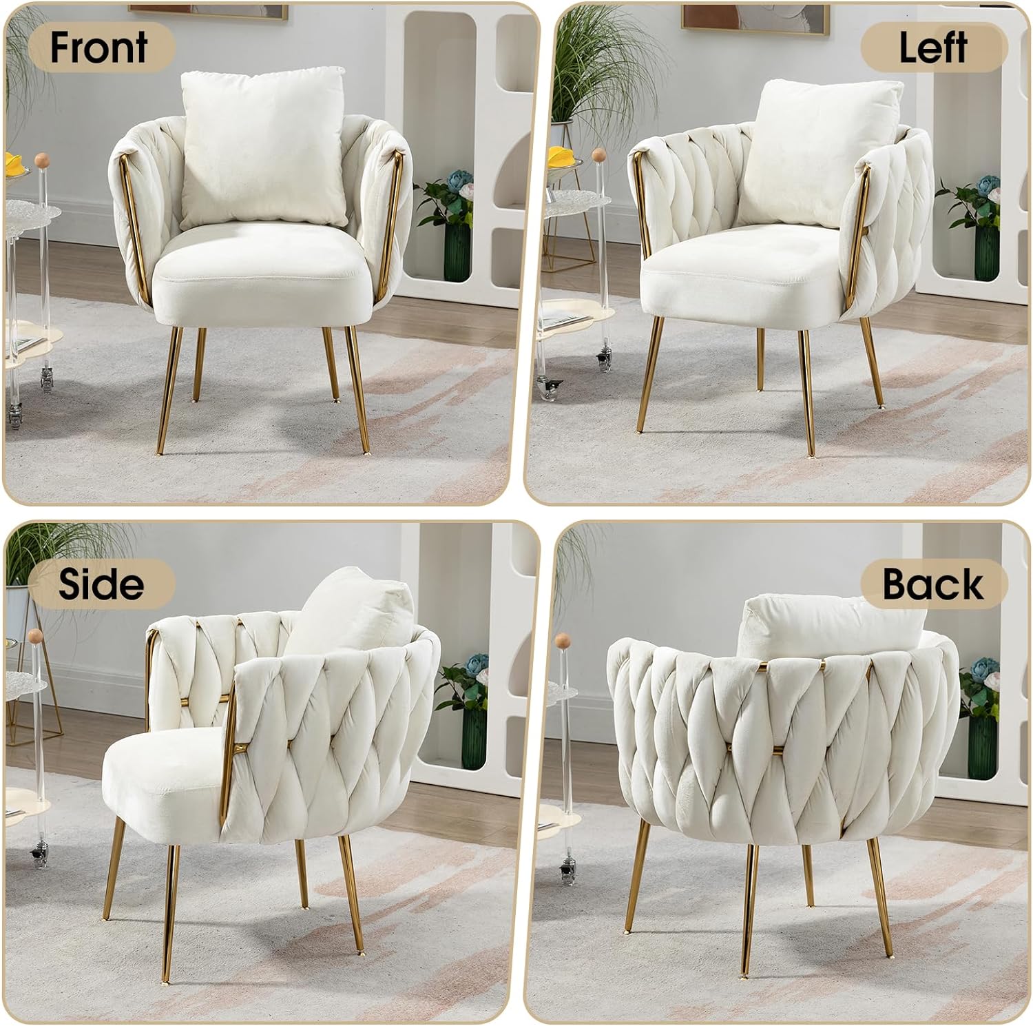 Modern Velvet Accent Chair, Hand Weaving Upholstered Armchair with Throw Pillow, Leisure Single Reading Sofa Chair with Gold Metal Legs for Living Room, Bedroom, Office (Beige )