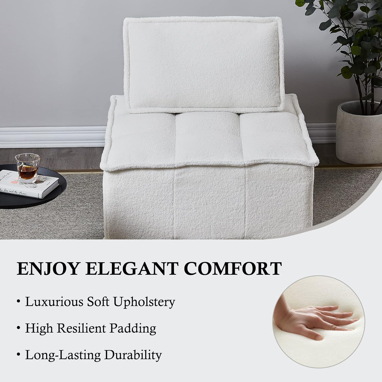 Modern Upholstered Barrel Chair Leisure Sofa Lounge Chair Lazy Sofa Rubber Wood Legs and Pillow Removable Armless Accent Chair for Living Room Corner Chair Bedroom (White Teddy)