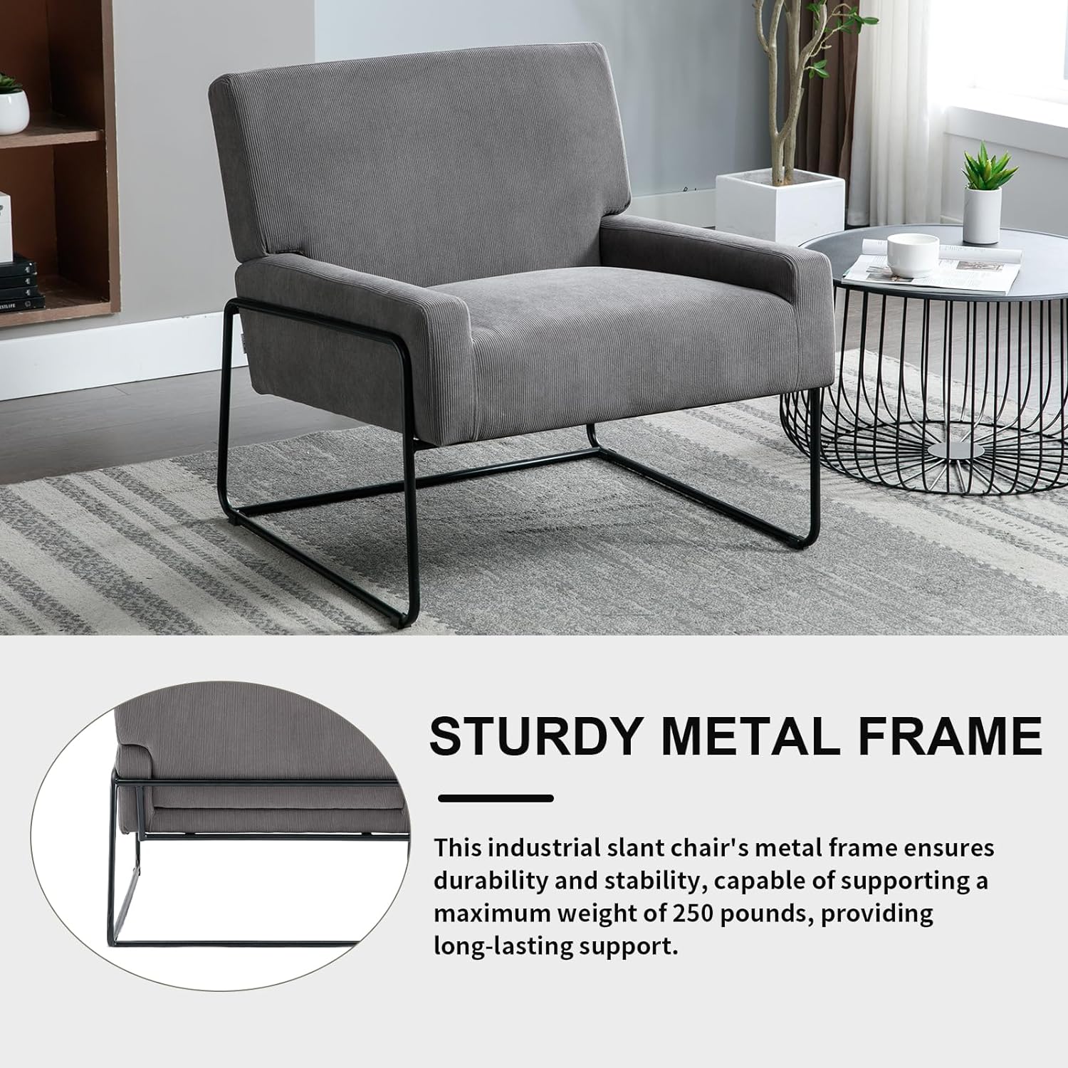 Velvet Accent Chair Upholstered, Modern Industrial Slant Armchair with Metal Frame, Premium High Density Soft Cushion Comfort Single Chair for Living Room, Office, Study (Grey)