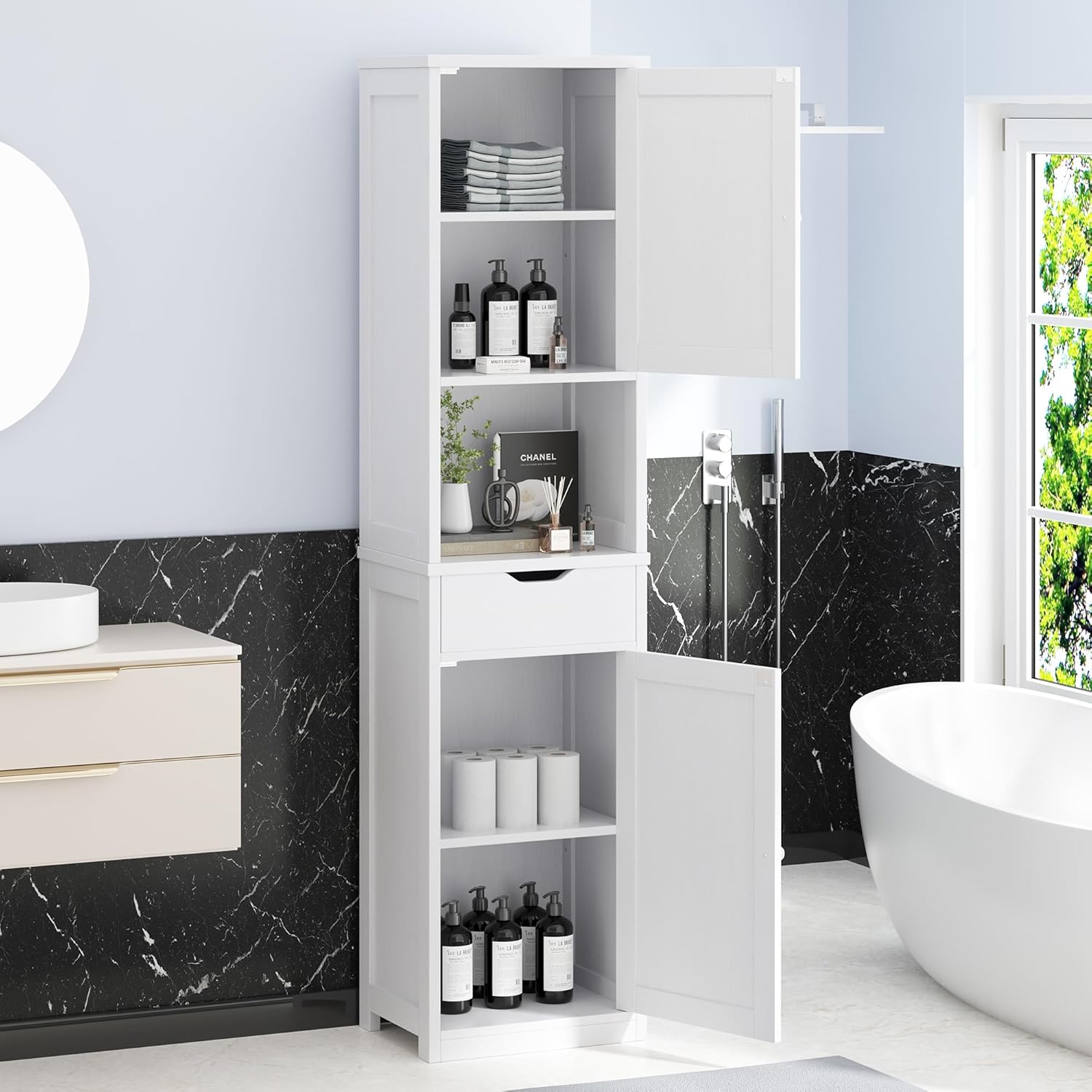 Tall Bathroom Storage Cabinet, 64”H Freestanding Storage Pantry Cabinet, Narrow Cabinet with Adjustable Shelves