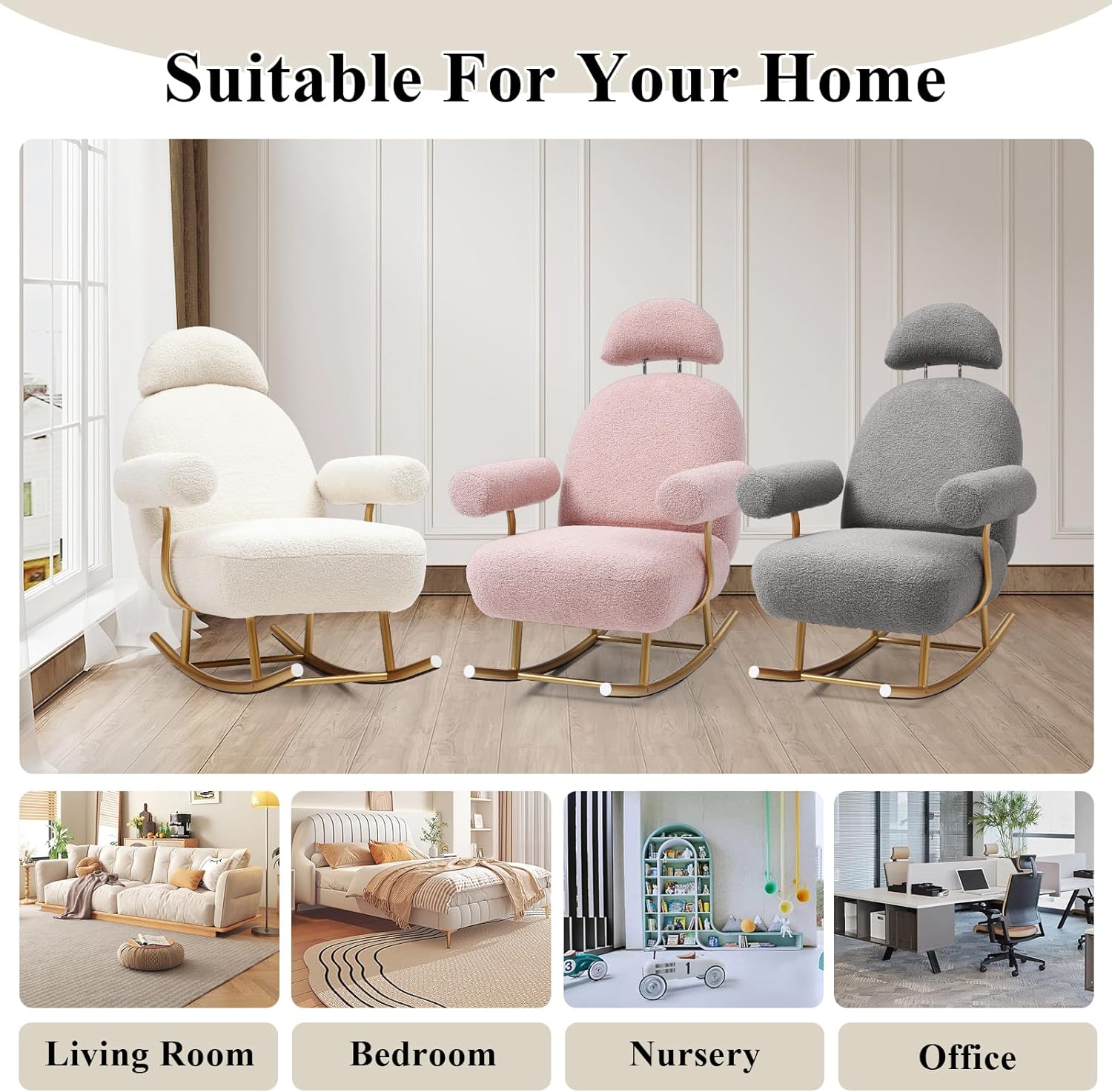 Nursery Rocking Chair, Modern Sherpa Upholstered Fabric Glider Rocker, Rocking Chair for Nursery, Comfy Armchair with High Backrest, Leisure Sofa Chair for Living Room Bedroom (Grey)
