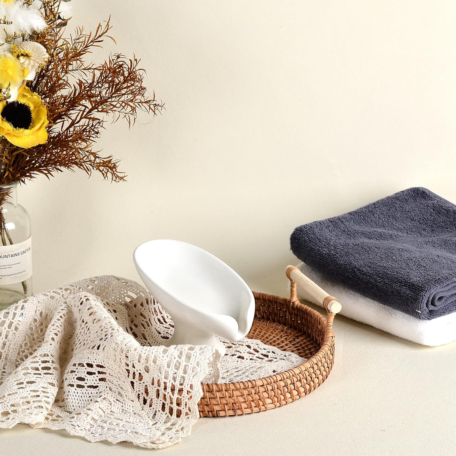 Soap Holder Self Draining Leaf Shape Ceramic Soap Dishes, Cream White Draining Soap Dish for Bathroom Shower