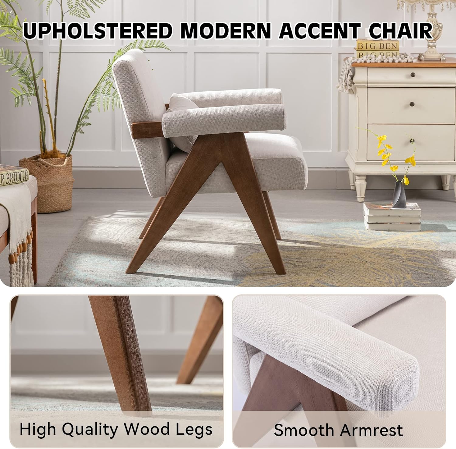 Mid-Century Modern Accent Chair, Solid Wood Arm Chair, Linen Fabric Padded Accent Chair, Reading Chair with Pillow, Upholstered Lounge Chair for Living Room, Bedroom (Cream)