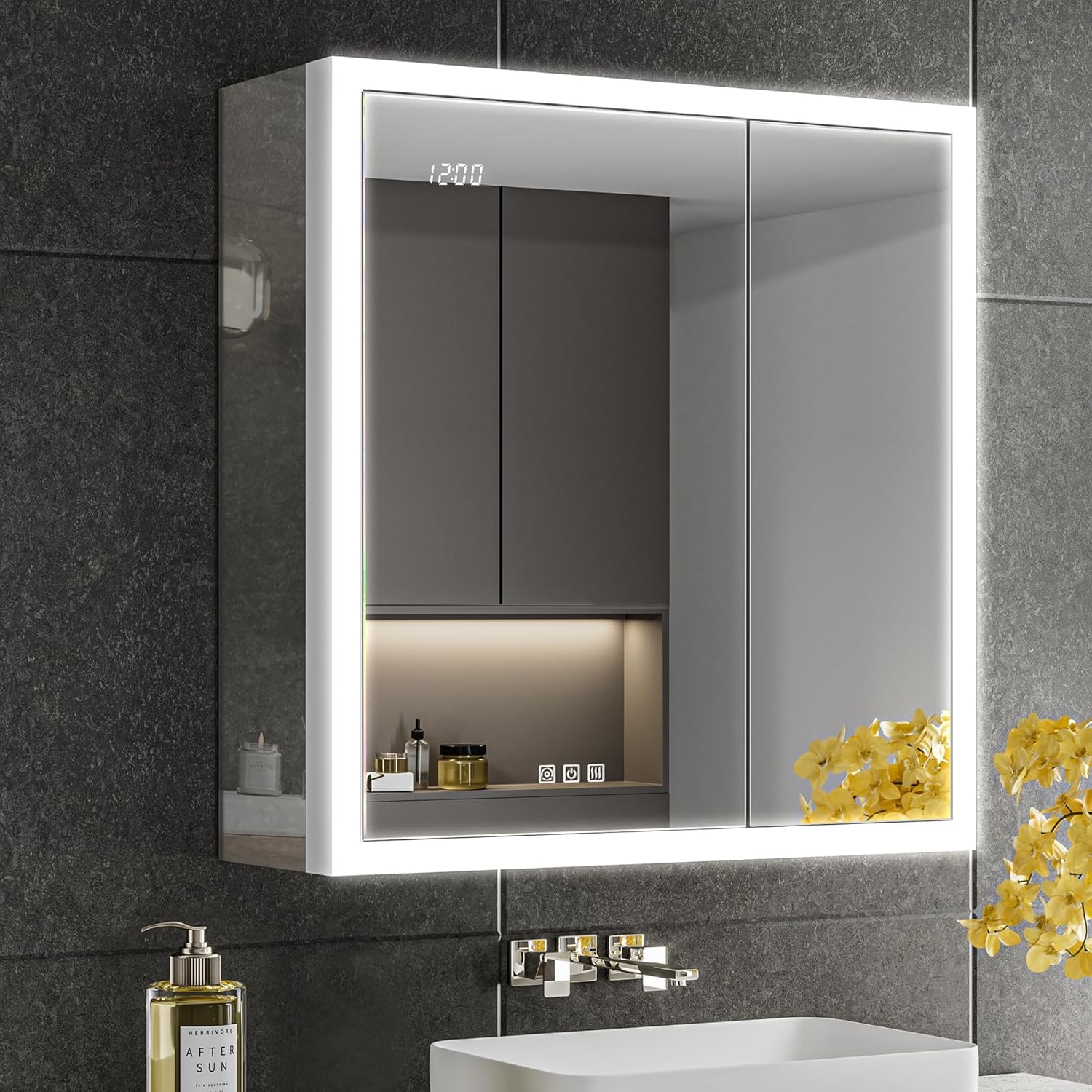 30x32 LED Medicine Cabinet with Mirror, Surface or Recessed Lighted Medicine Cabinet with Mirror
