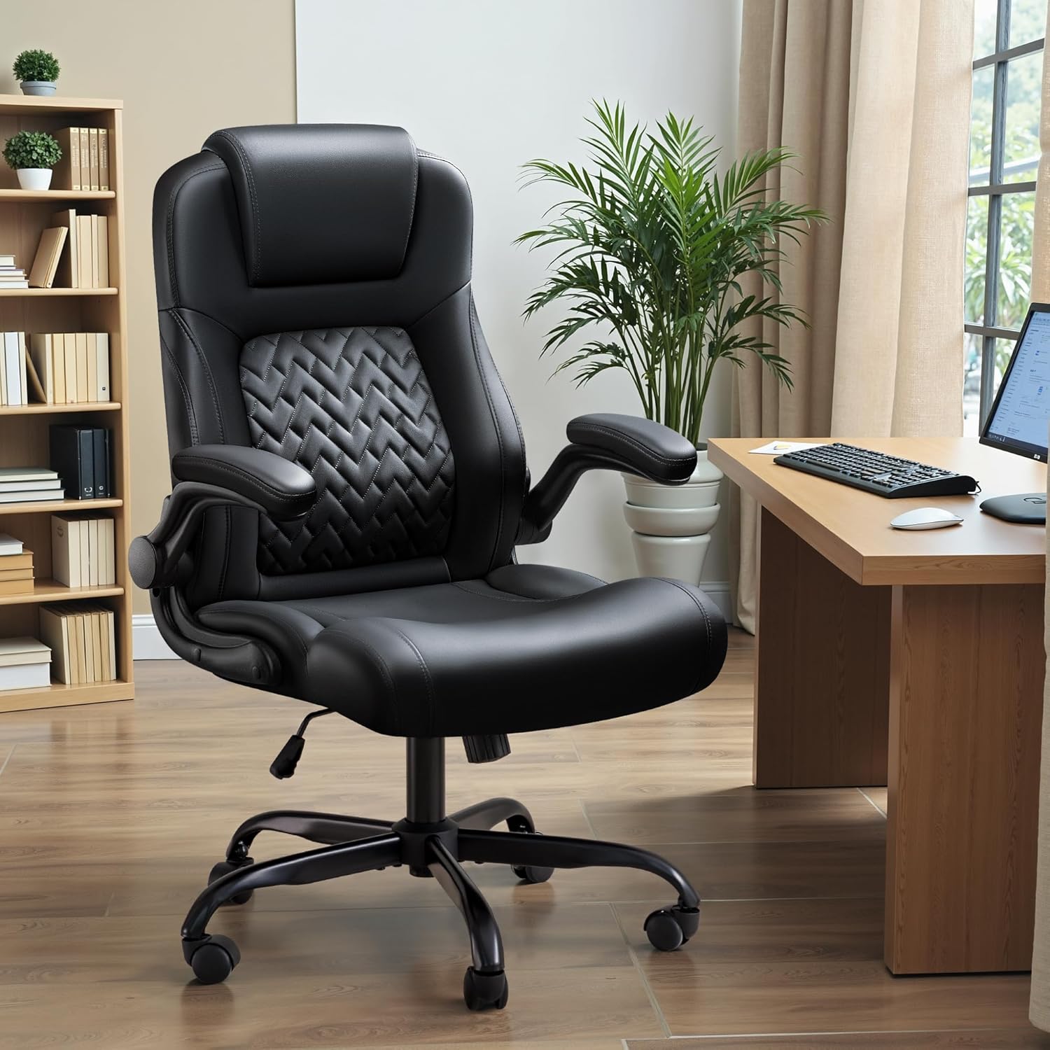 Big and Tall Office Chair 500lbs, Heavy Duty Office Chairs, Ergonomic High Back Desk Chair, Adjustable Flip Up Armrest Executive Chair Made of PU Leather, Computer Chair for Gaming Desk