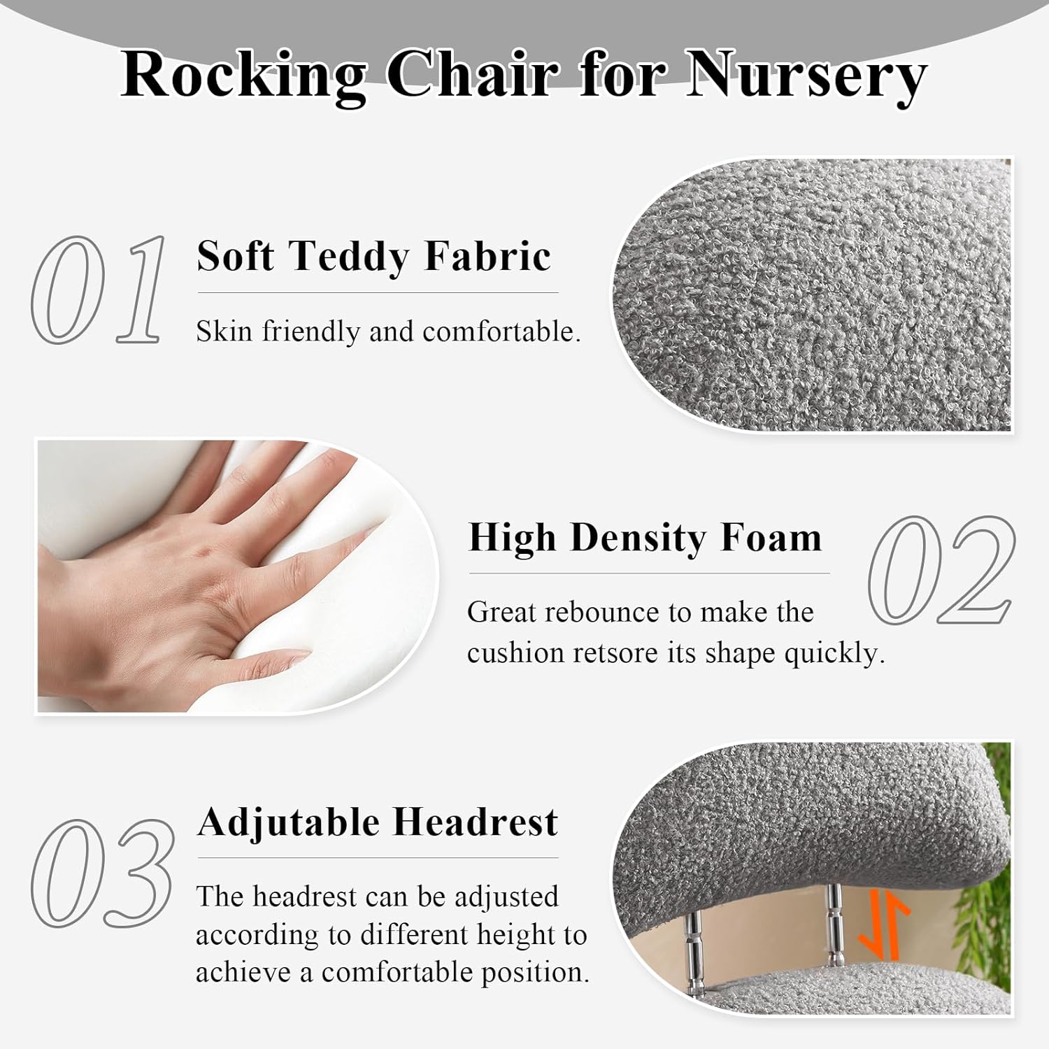 Nursery Rocking Chair, Modern Sherpa Upholstered Fabric Glider Rocker, Rocking Chair for Nursery, Comfy Armchair with High Backrest, Leisure Sofa Chair for Living Room Bedroom (Grey)