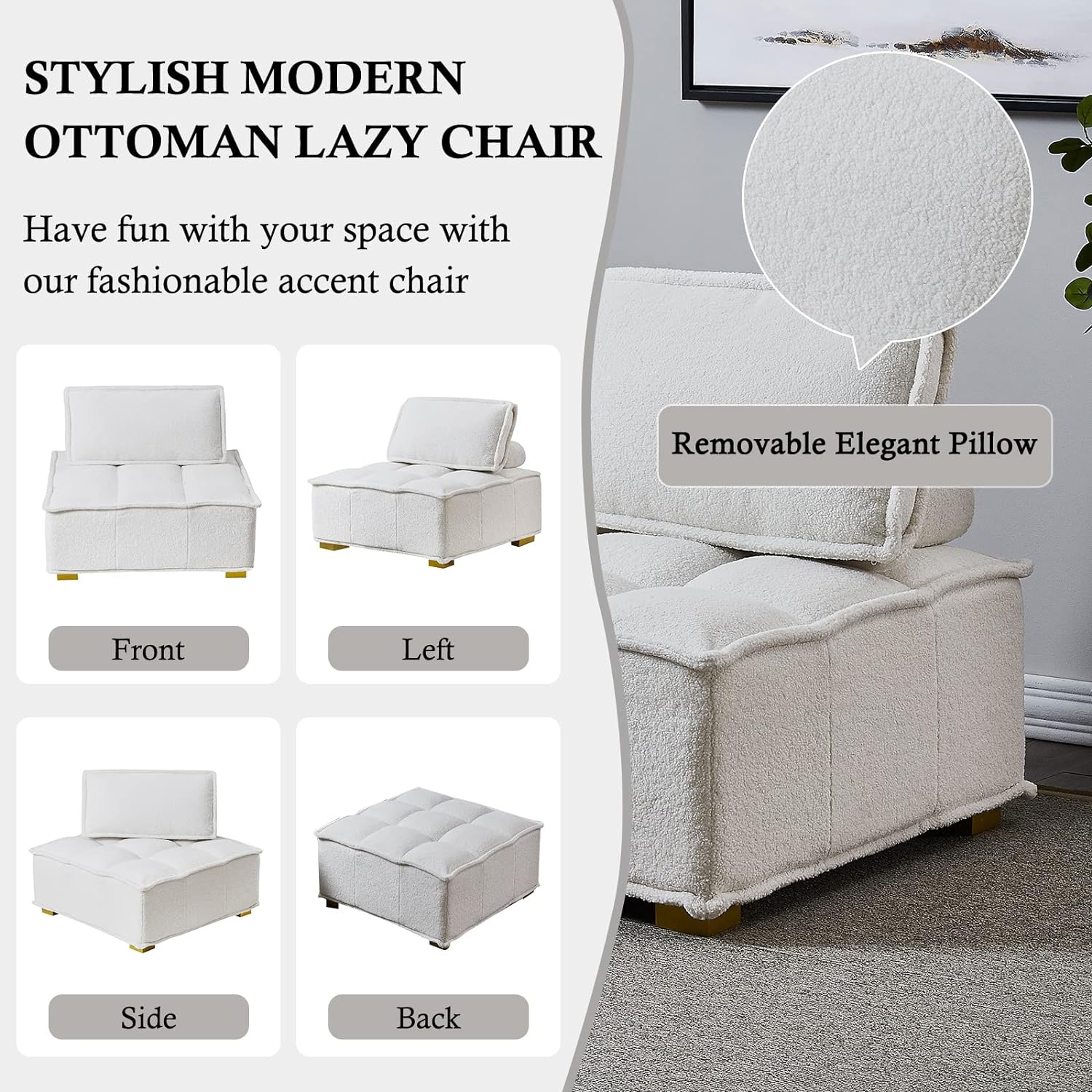 Modern Upholstered Barrel Chair Leisure Sofa Lounge Chair Lazy Sofa Rubber Wood Legs and Pillow Removable Armless Accent Chair for Living Room Corner Chair Bedroom (White Teddy)