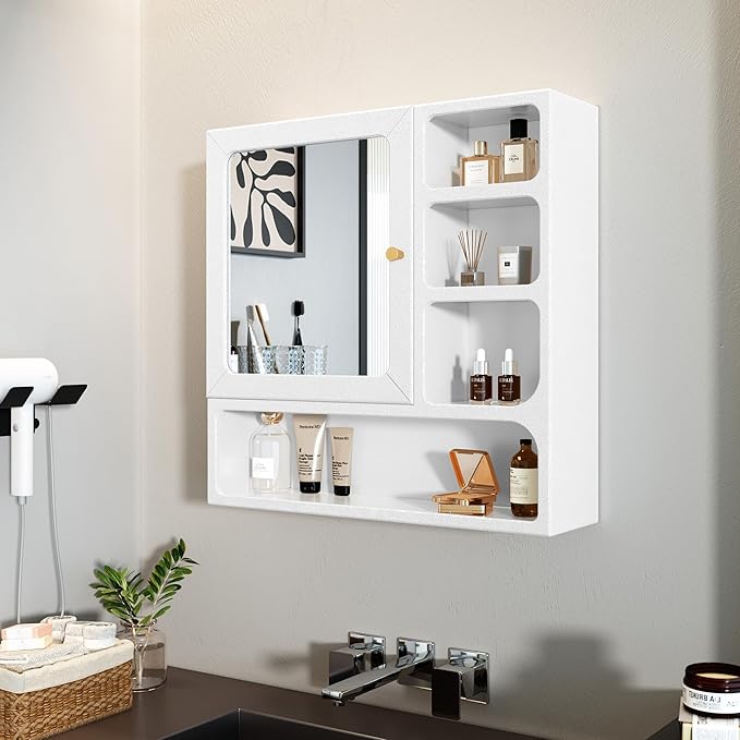 24" Bathroom Medicine Cabinet with Mirror, Wall Bathroom Storage Cabinet with Mirror Door and 4 Open Shelves