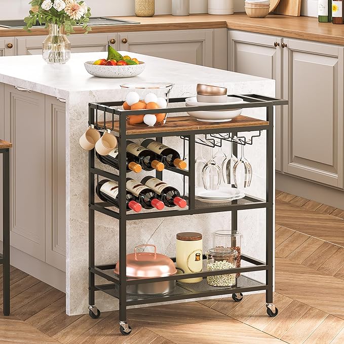 3-Tier Serving Cart with Wheels and Handle, Beverage Cart with Wine Rack and Glass Holders