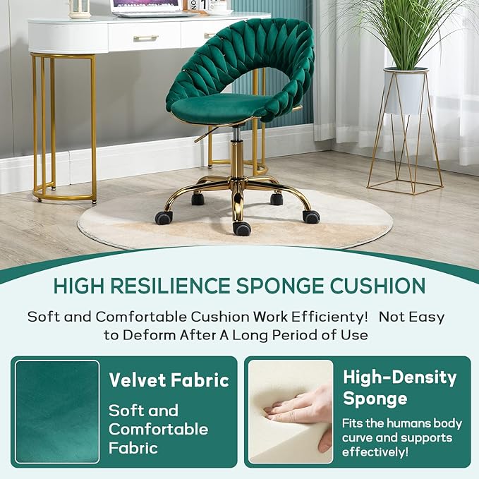 Swivel Velvet Home Office Chair, Upholstered Desk Chair, Modern Accent Armchair, Tufted Computer Task Stools with Gold Base for Girls, Women, Study, Living Room (Emerald)
