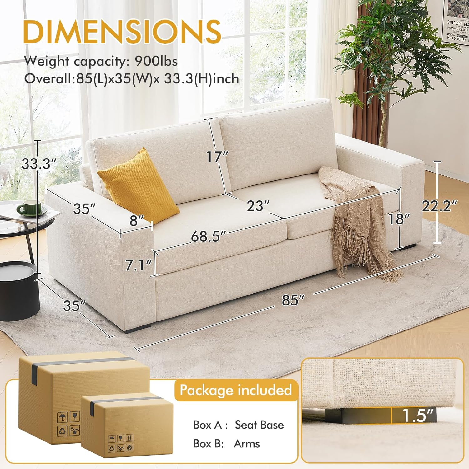 85" Luxury 3 Seater Sofa Couch for Living Room, Modern Upholstered Faux Leather Sofas Couches with Extra Deep Seats&Removable Cover, Comfy Sofa Couch