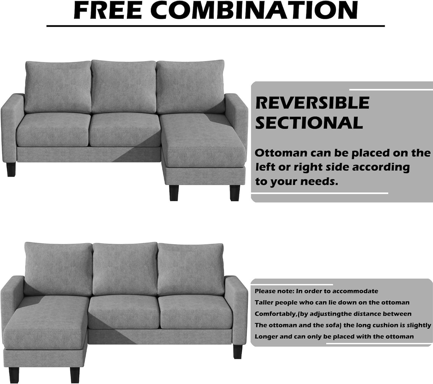 Convertible Sectional 3 L-Shaped Couch Soft Seat with Modern Linen Fabric, Small Space Sofas for Living Room, Apartment and Office, 70'', Gray