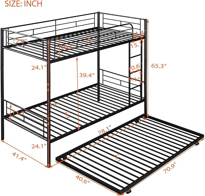 Metal Bunk Bed with Trundle Twin Over Twin Bunk Bed Frame with Ladder and Safety Rails for Kids Triple Metal Bunk Can be Divided into Two beds, Black