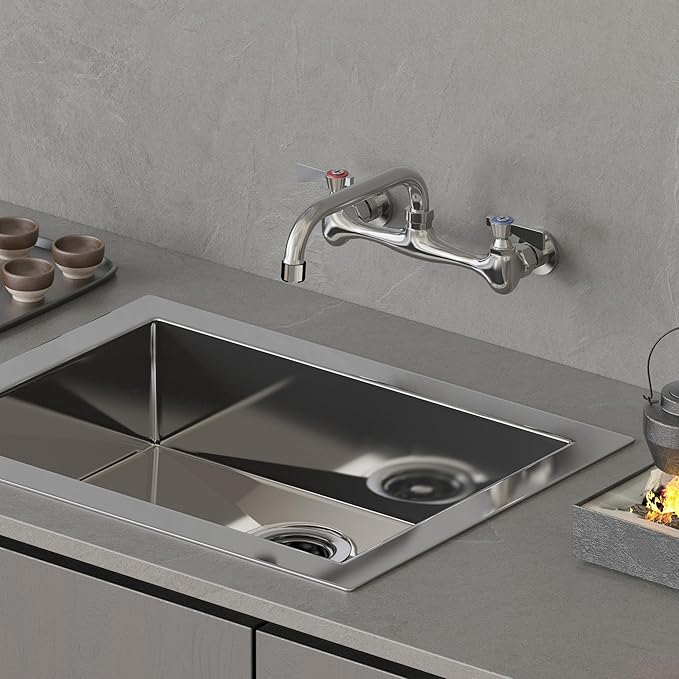 Wall Mount Commercial Sink Faucet with 8” Swivel Spout Polish Chrome Brass Utility Sink Faucet for Kitchen Laundry Restaurant Industrial Compartment Sink