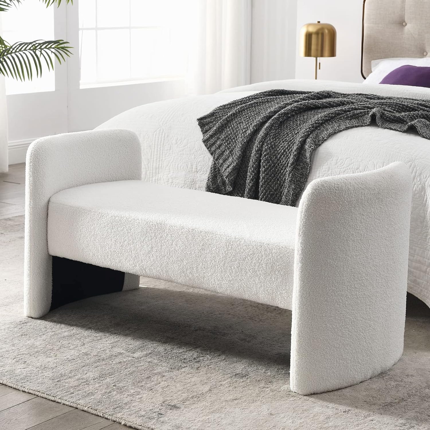 52''Modern Fuzzy Sherpa Upholstered Ottoman Bench, Faux Fur Entryway, Footrest for Bedroom, Living Room, End of Bed, Hallway (White Teddy)