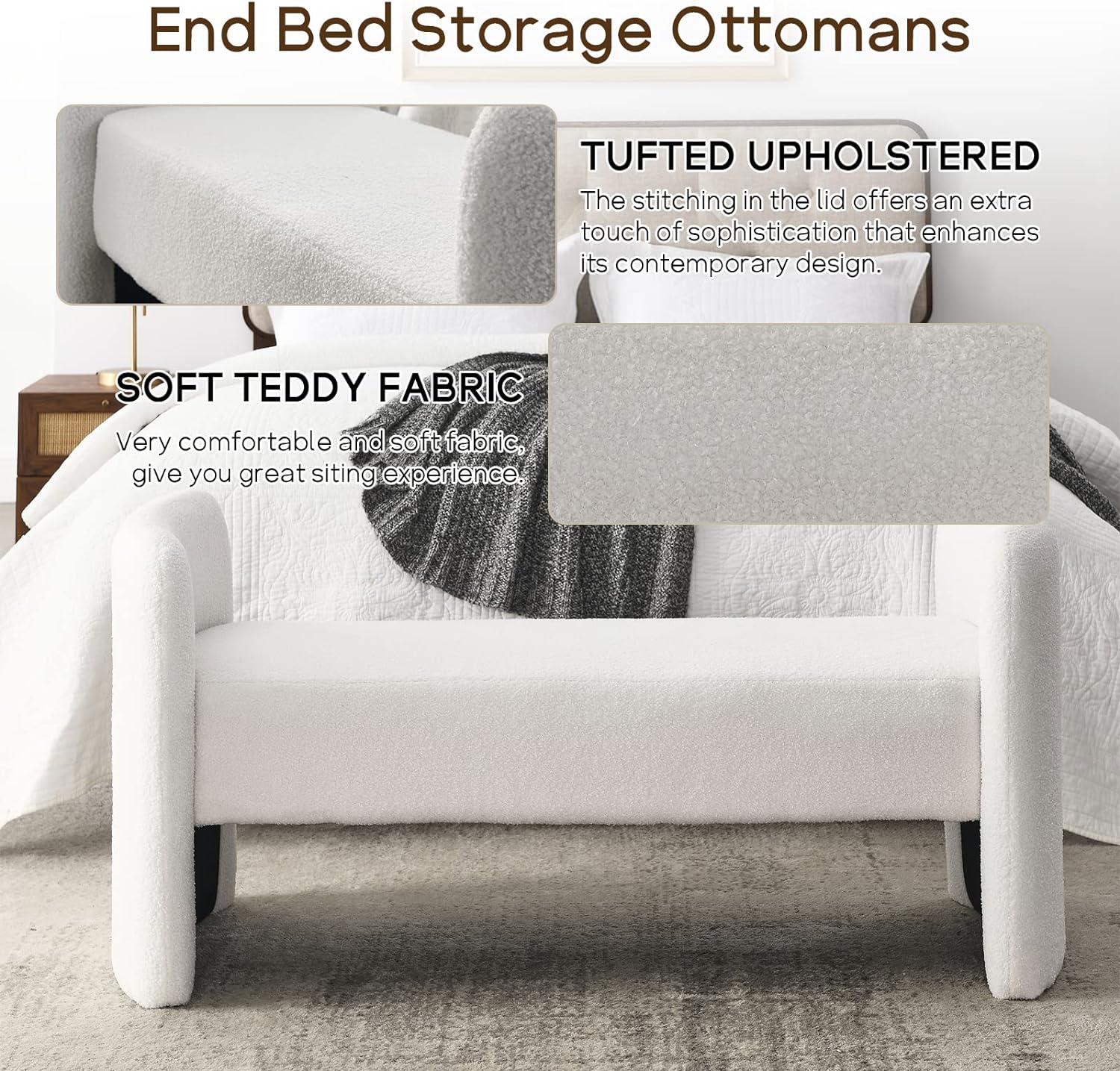 52''Modern Fuzzy Sherpa Upholstered Ottoman Bench, Faux Fur Entryway, Footrest for Bedroom, Living Room, End of Bed, Hallway (White Teddy)