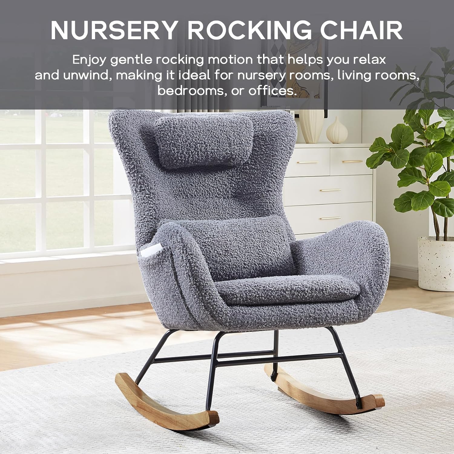 Nursery Rocking Chair, Teddy Upholstered Glider Rocker with Headrest and Lumbar Pillow, High Backrest Rocking Accent Chair with Side Pocket, Comfy Armchair for Living Room