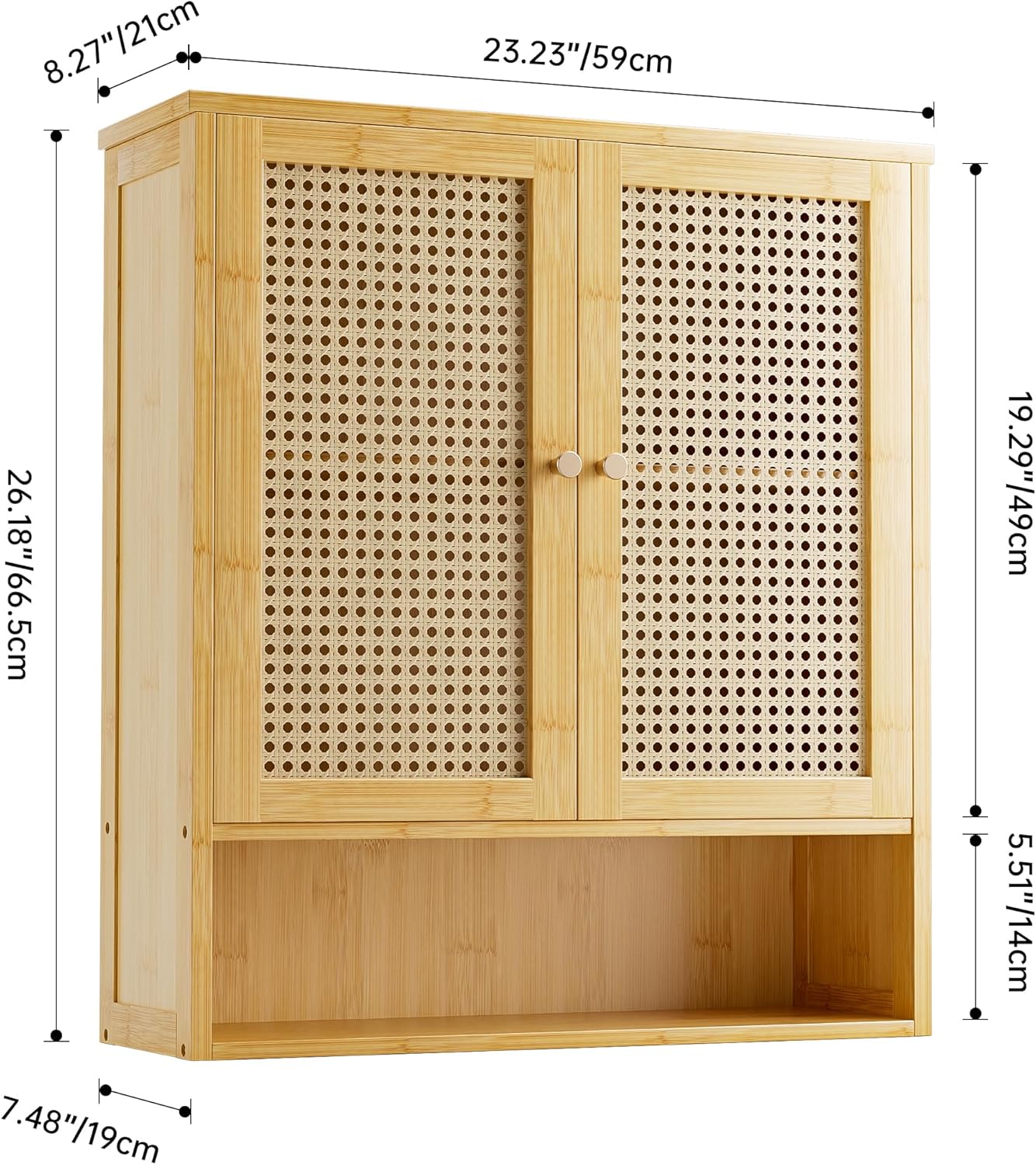 Bathroom Wall Cabinet, Bamboo Over-The-Toilet Storage Organizer with 2 Rattan Doors and Adjustable Shelf