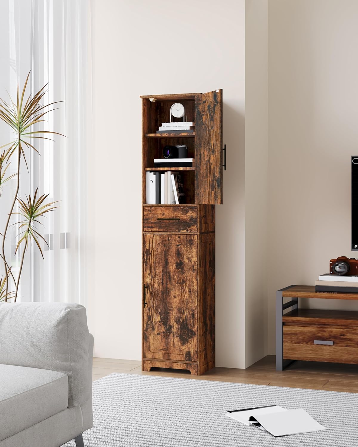 Tall Bathroom Storage Cabinet, Floor Cabinet with 2 Doors, 4 Adjustable Shelves, Narrow Tall Corner Cabinet