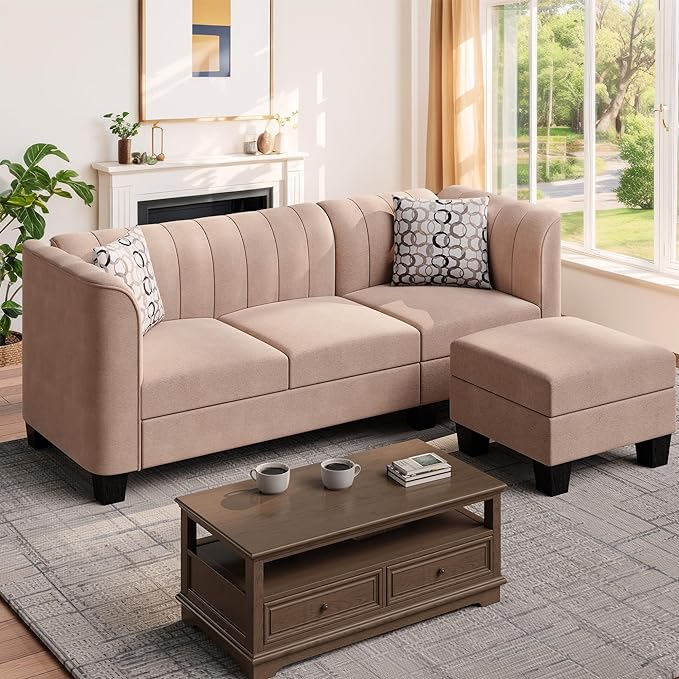 Upgraded Convertible Sectional Sofa Couch, 3 Seat L Shaped Sofa with High Armrest Linen Fabric Small Couch Mid Century for Living Room, Apartment and Office (Beige)