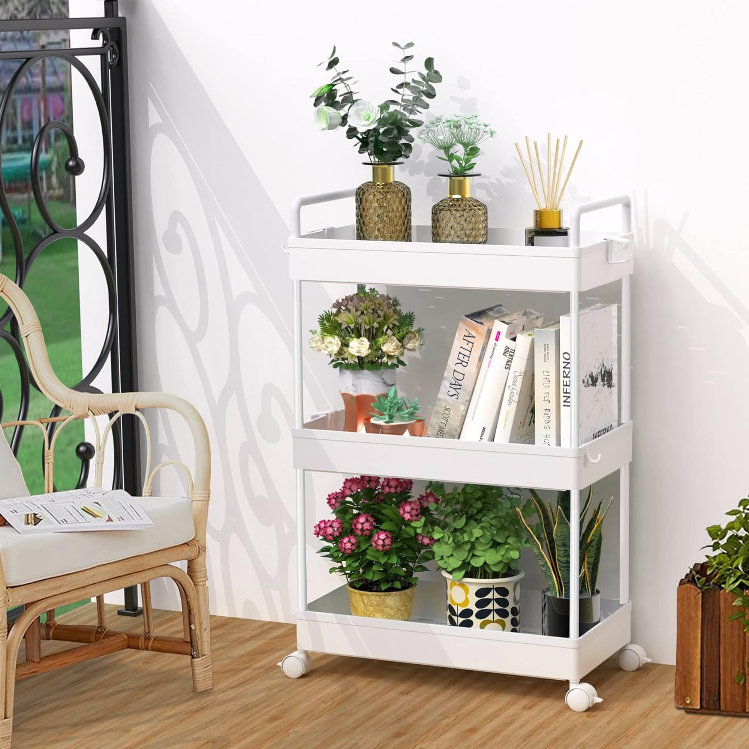Rolling Storage Cart, 3 Tier Utility Cart Mobile Slide Out Organizer, Bathroom Standing Rack Shelving Unit