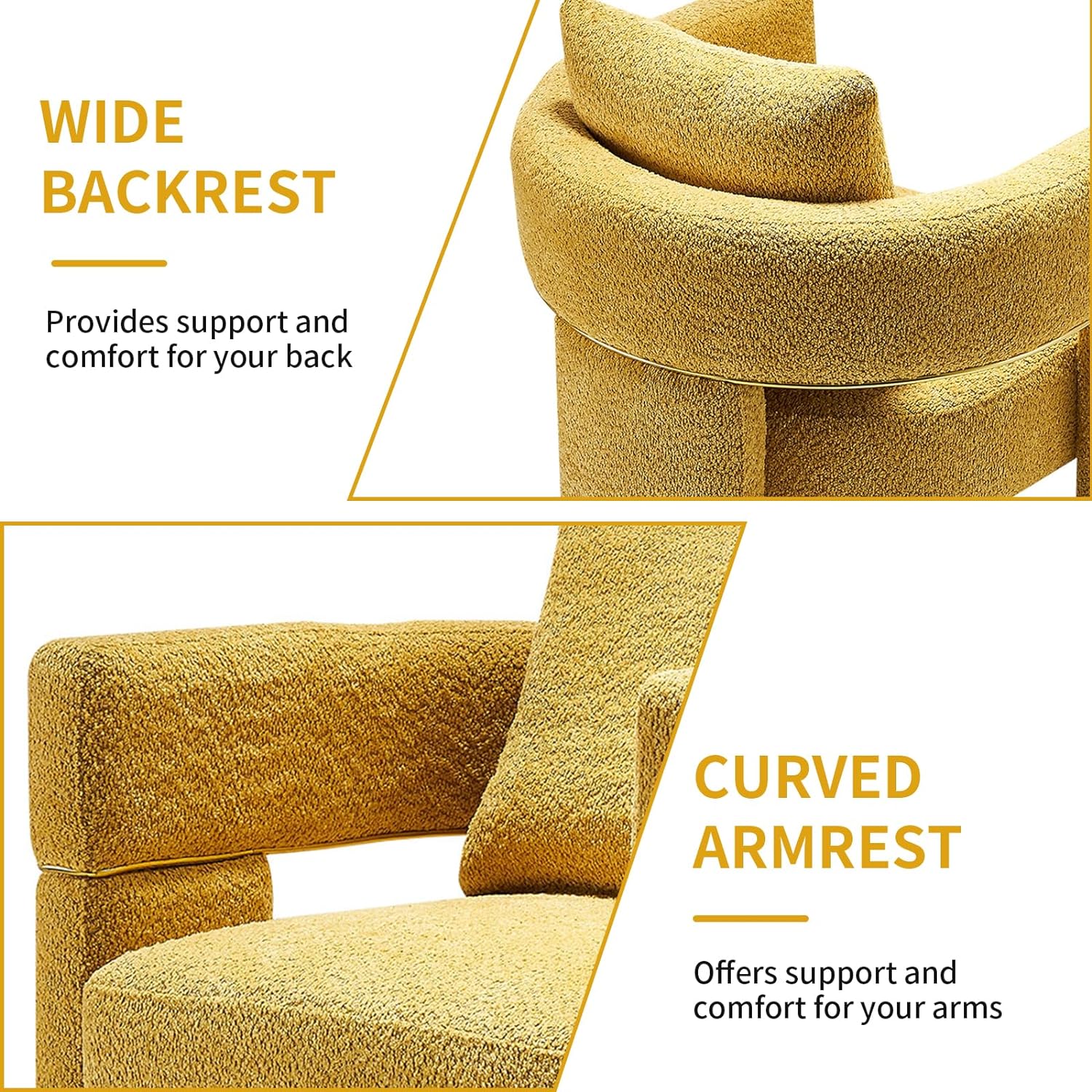 Boucle Fabric Accent Chair, Modern Upholstered Armchair with Open Back, Single Sofa Chair with Lumbar Pillow, Cozy Reading Chair for Living Room (Yellow)