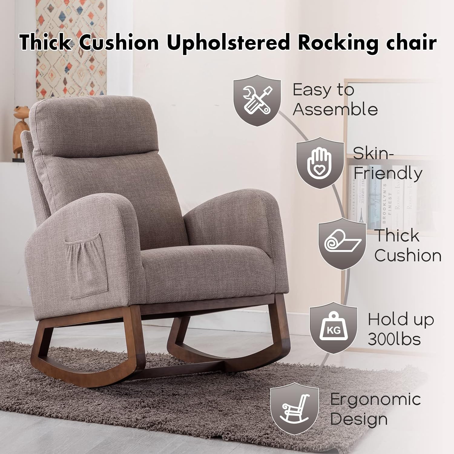 Nursery Rocking Chair, Upholstered Glider Chair for Nursery, Accent Rocker Chair with Tall Back & Side Pockets, Modern Leisure Single Arm Chair for Living Room, Bedroom (Grey)