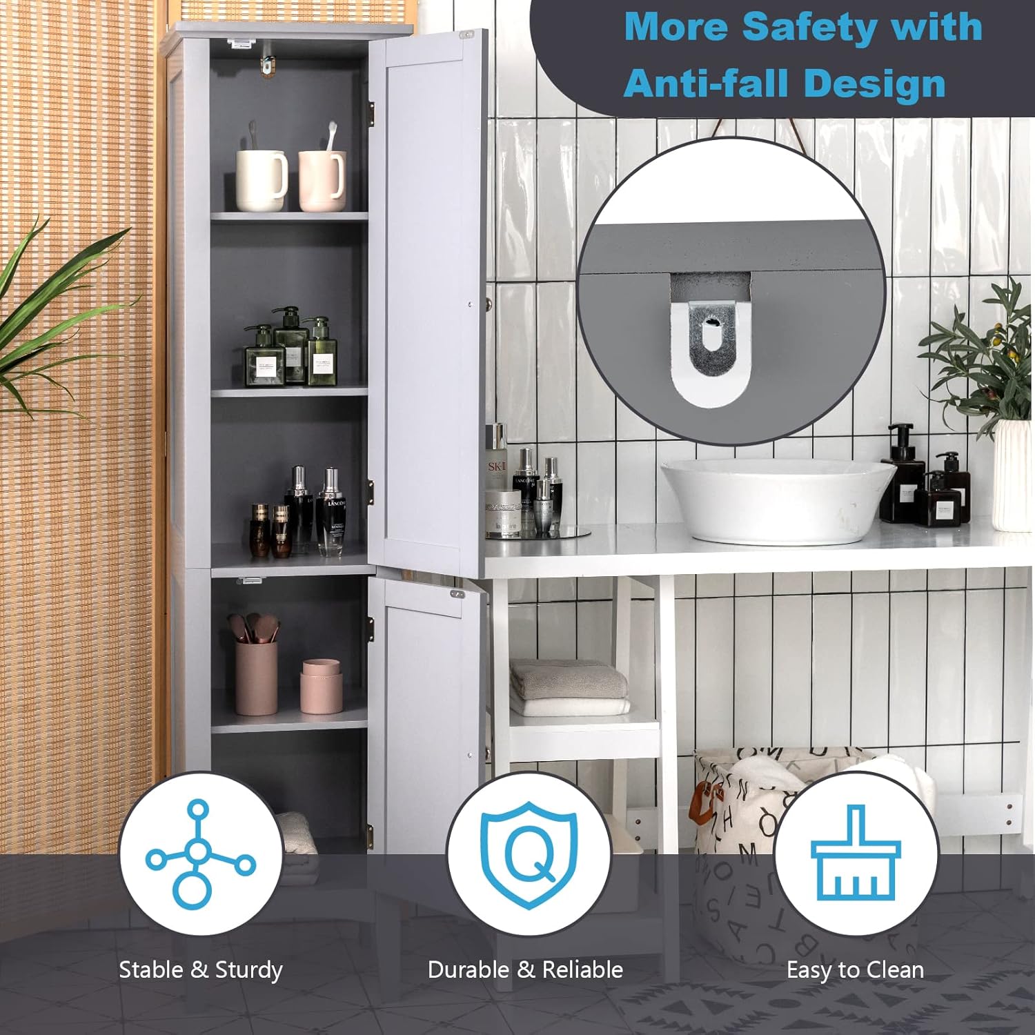 Tall Bathroom Storage Cabinet, 5-Tier Wooden Freestanding Tower Cabinet Floor Organizer