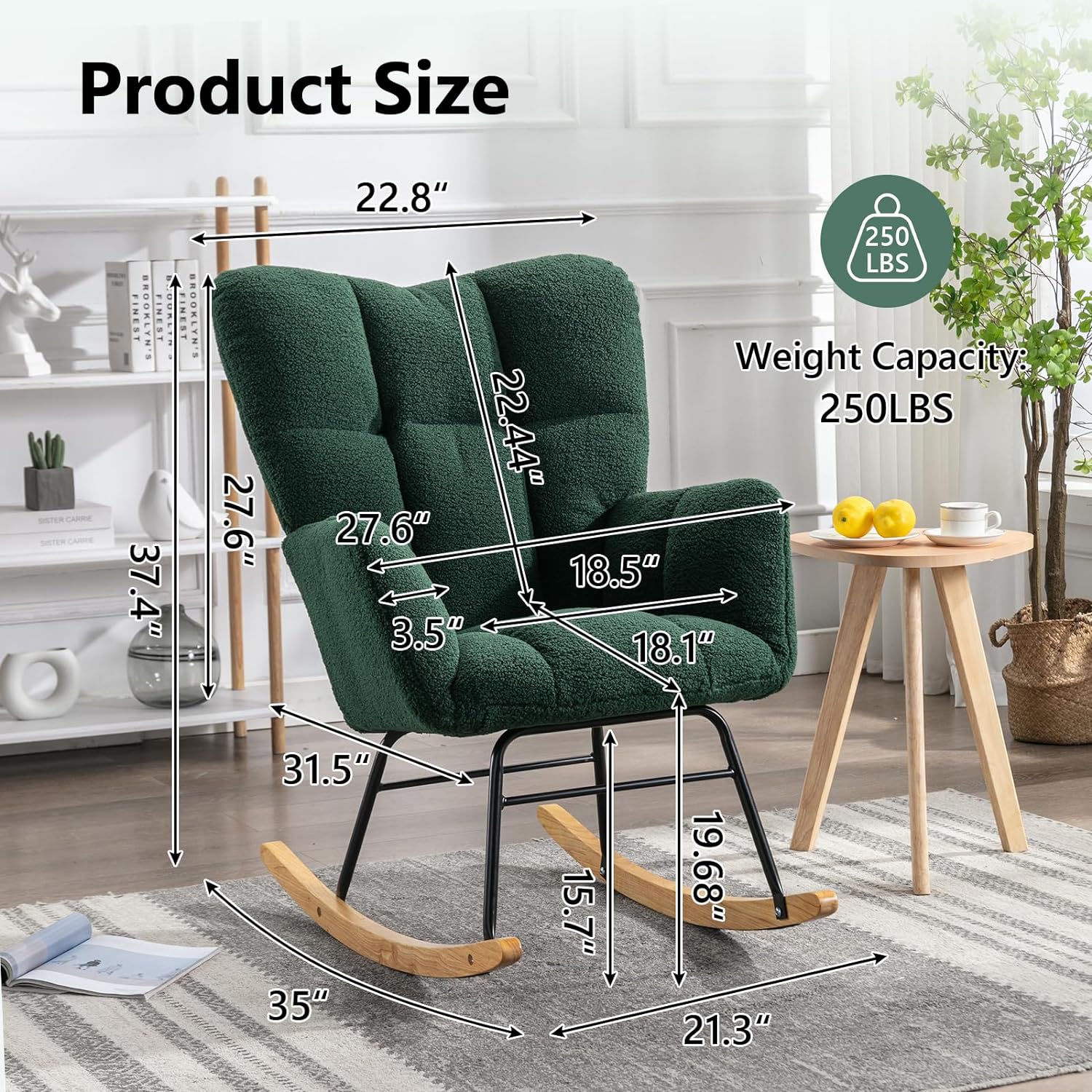 Nursery Rocking Chair Teddy Upholstered Glider Rocker Rocking Accent Chair Padded Seat with High Backrest Armchair Comfy Side Chair for Living Room Bedroom Offices (Green)