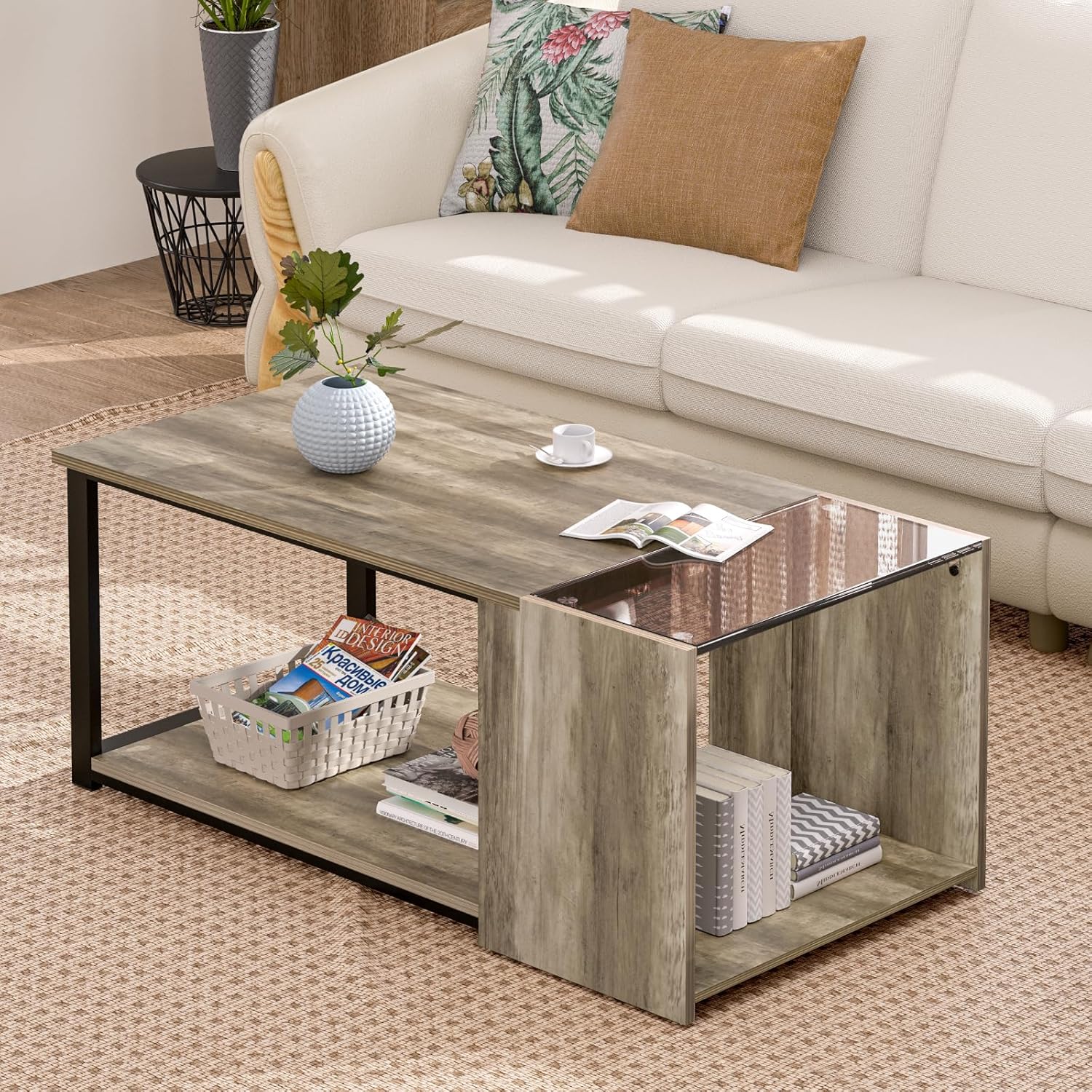 Coffee Table for Small Living Room, Modern Center Tables with Storage 35.4 Inch