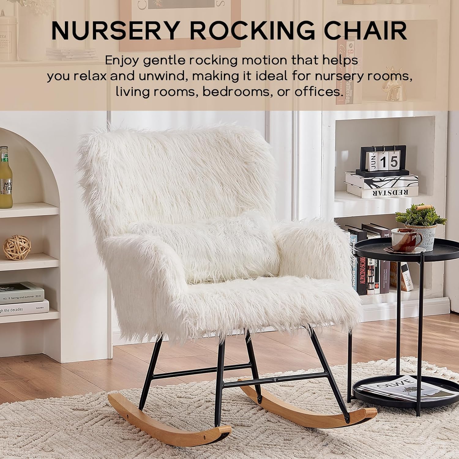 Nursery Rocking Chair, Faux Fur Upholstered Glider Rocker with Lumbar Pillow, High Backrest Rocking Accent Chair, Comfy Armchair for Living Room, Bedroom, Office (White)