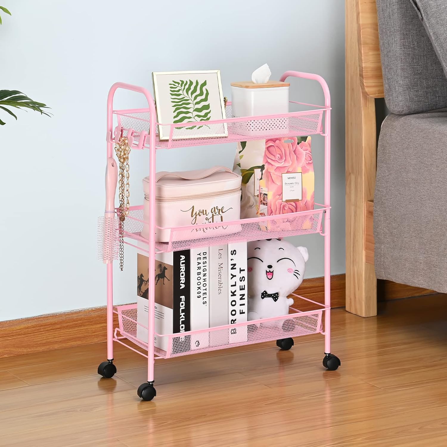 3-Tier Metal Rolling Cart, Mesh Wire Easy Assemble Utility Cart, Storage Trolley on Wheels with 3 Hooks