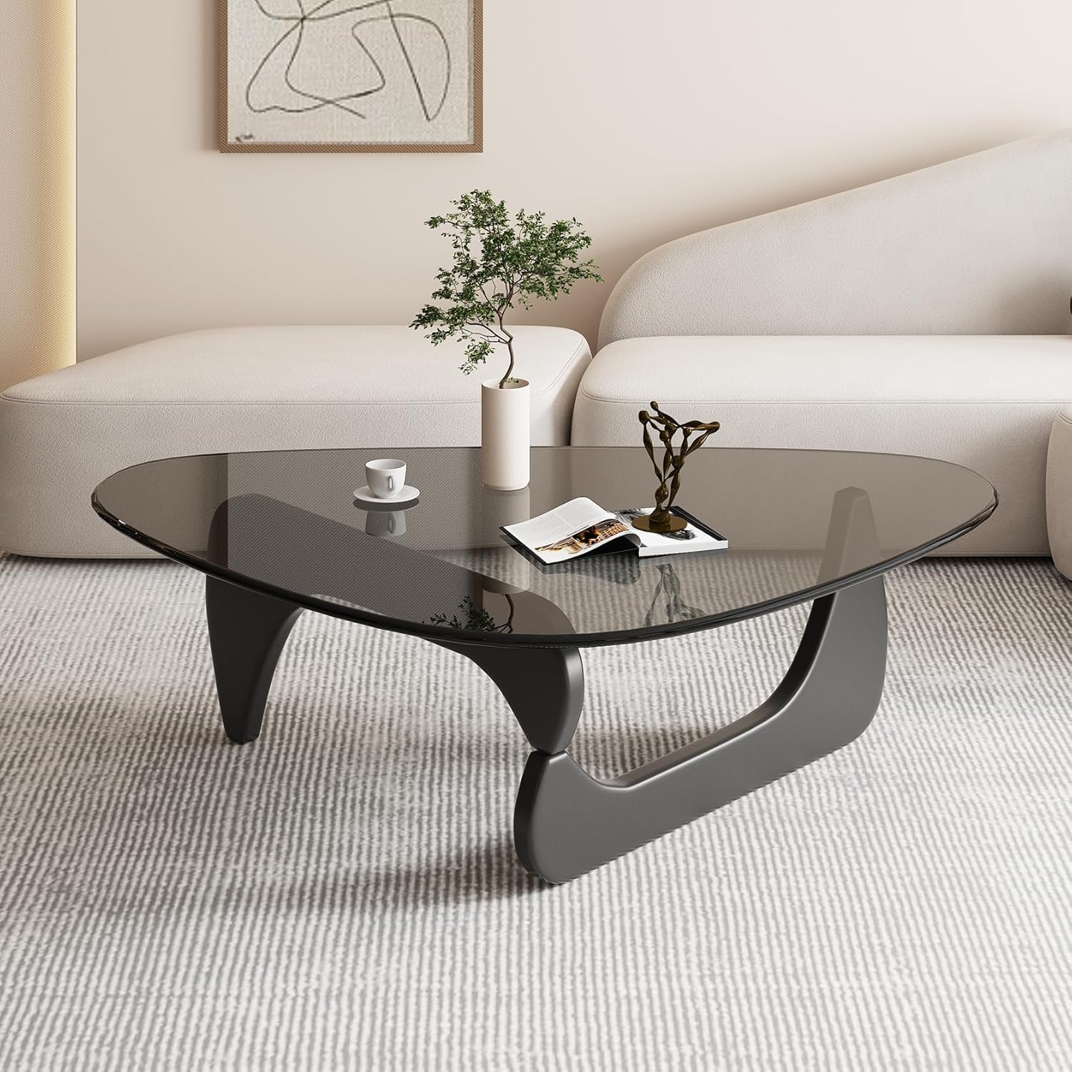Triangle Coffee Table in Walnut Mid Century Modern Solid Wood Base and Triangle Clear Glass Coffee Table