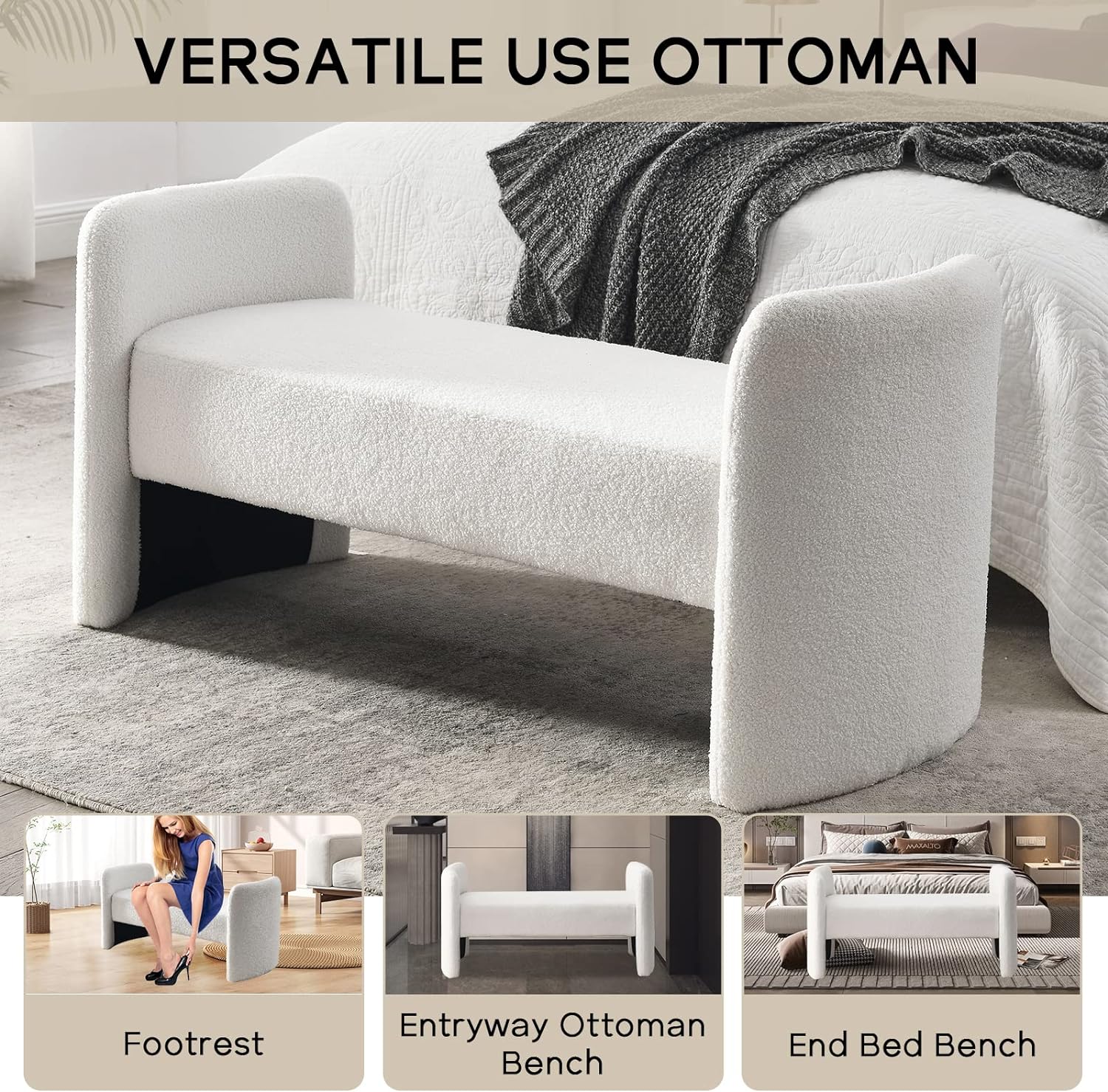 52''Modern Fuzzy Sherpa Upholstered Ottoman Bench, Faux Fur Entryway, Footrest for Bedroom, Living Room, End of Bed, Hallway (White Teddy)