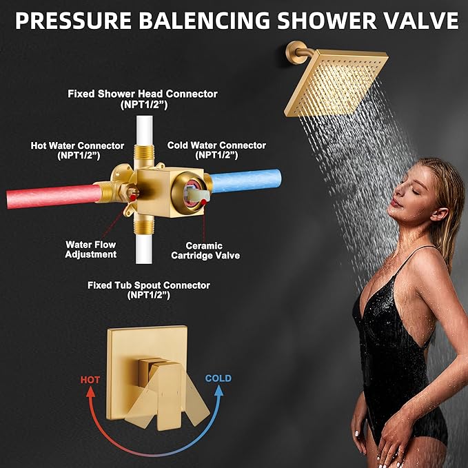 Gold Shower Faucet Set with Valve, Tub and Shower Faucet Combo, Bathtub Faucet Kit with 8-Inch Shower head and Tub Spout