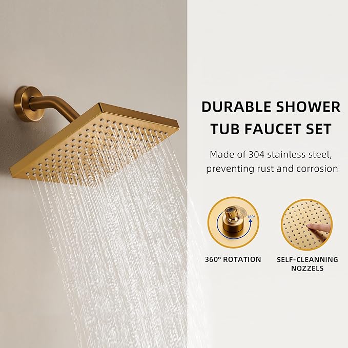 Gold Shower Faucet Set with Valve, Tub and Shower Faucet Combo, Bathtub Faucet Kit with 8-Inch Shower head and Tub Spout