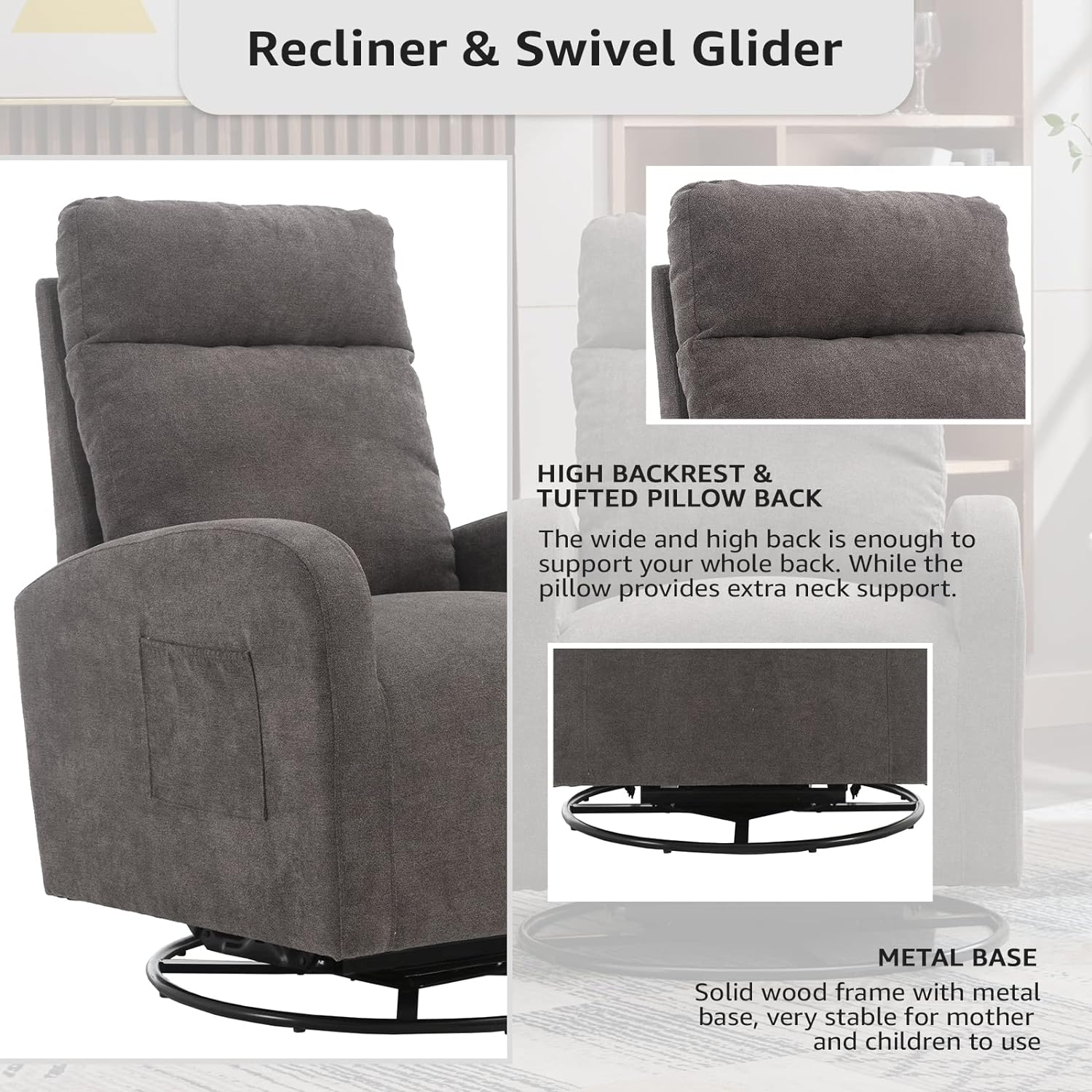 Upholstered Recliner and Swivel Glider, Rocker for Nursery, Rocking Accent Chair Padded Seat with High Backrest and Side Pocket for Living Room (Dark Grey)