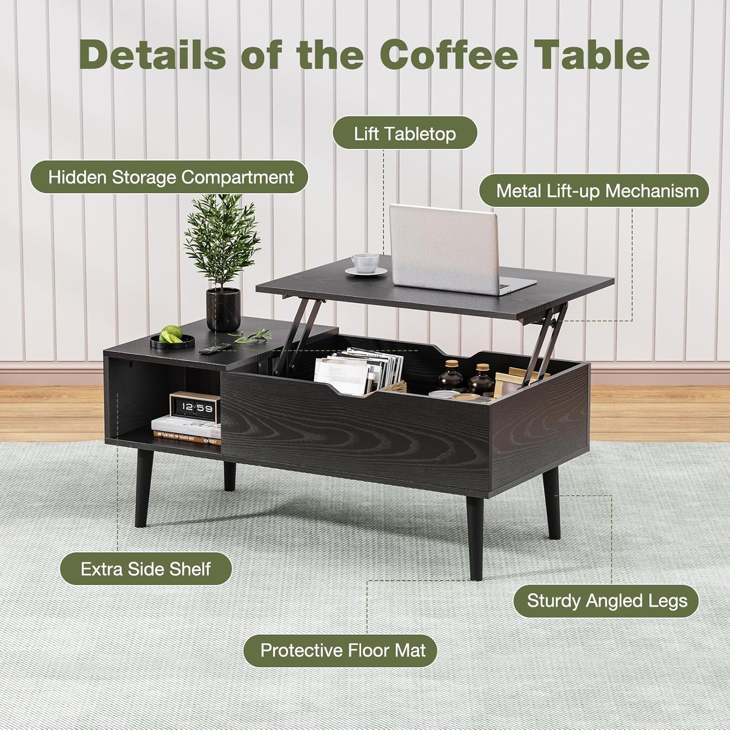 Wood Lift Top Coffee Table with Hidden Compartment and Large Storage Shelf