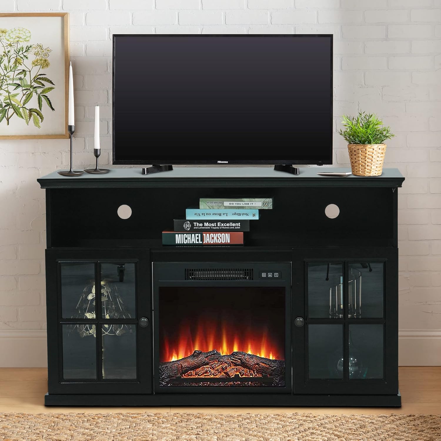 Glass Doors Fireplace TV Stand with Electric Fireplace Inserts 47" Farmhouse Media Console Table Entertainment Center for TVs Up to 55" for Home Living Room Bedroom, Black