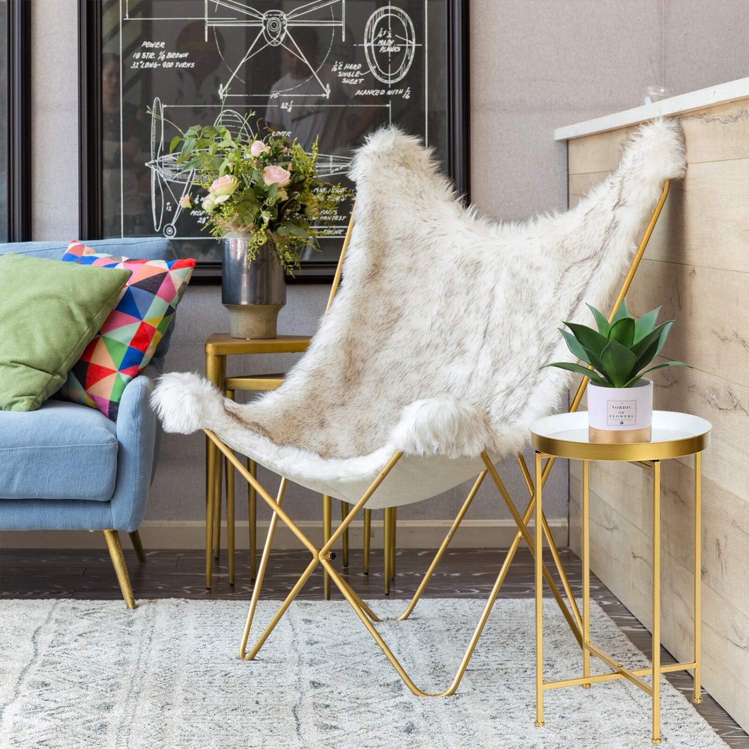 Modern Round Side End Accent Table 25.7 inch Tall for Living Room (Gold, White Tray)