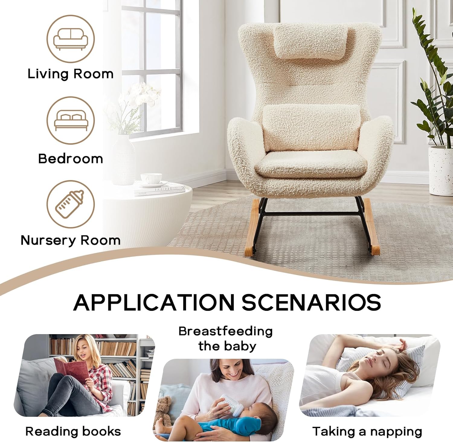 Nursery Rocking Chair, Teddy Upholstered Glider Rocker with Headrest and Lumbar Pillow, High Backrest Rocking Accent Chair with Side Pocket, Comfy Armchair for Living Room (Beige)