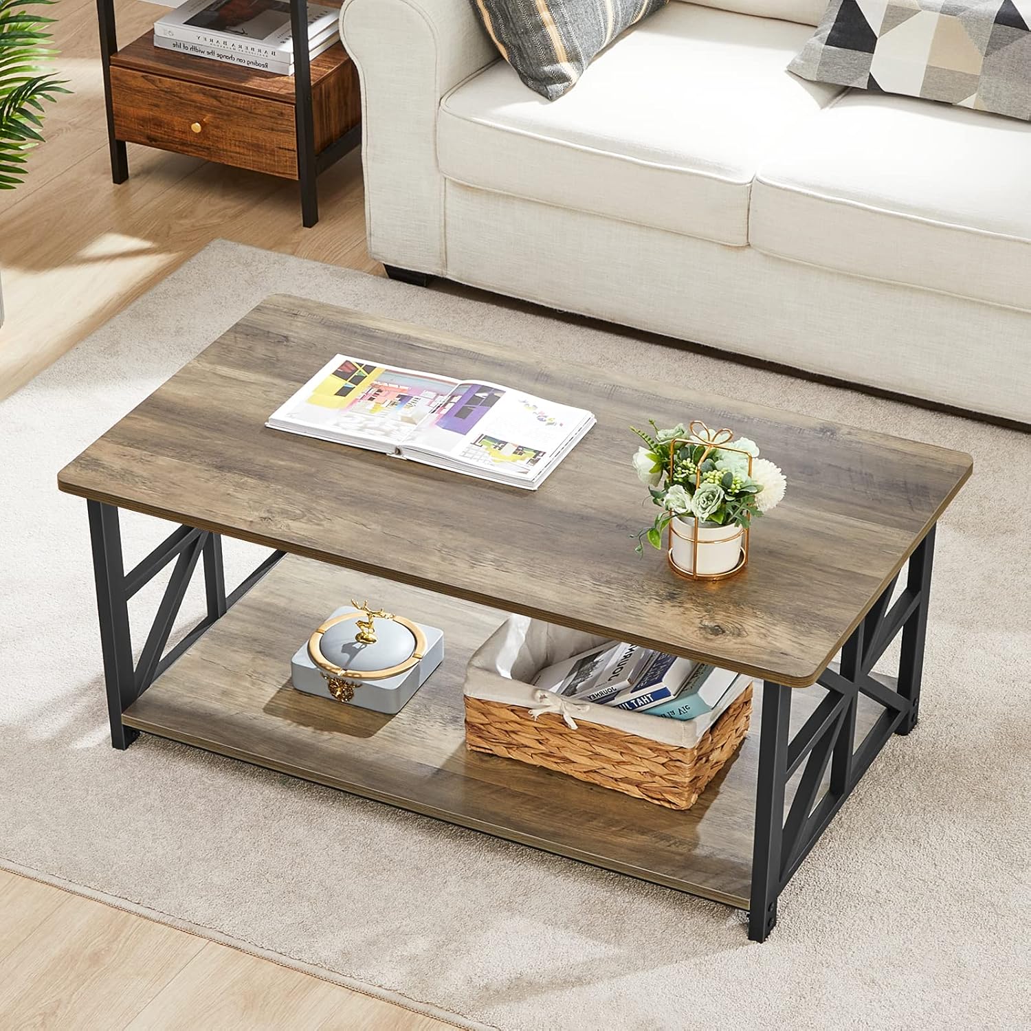 Coffee Table for Living Room with Round Corners Farmhouse Style Center Table with Storage Shelf