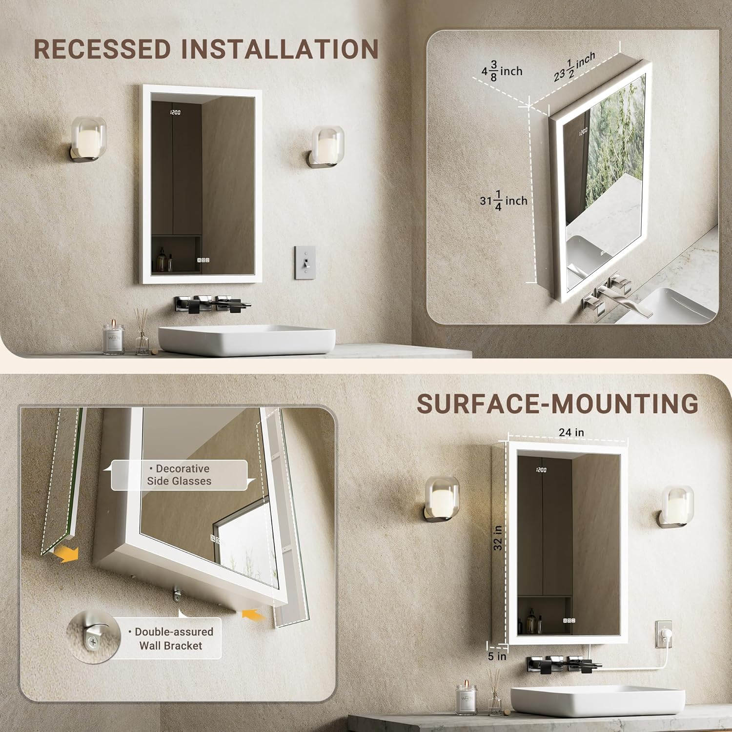 LED Medicine Cabinet with Mirror, 24x32 Surface or Recessed Lighted Medicine Cabinet with Mirror