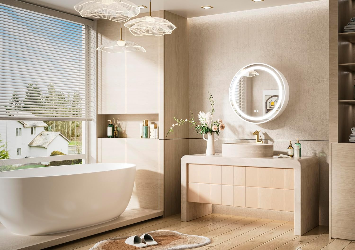 24 Inch Round Medicine Cabinet Mirror Led for Bathroom with Defogger, Wall Mount Mirrored Medicine Cabinet