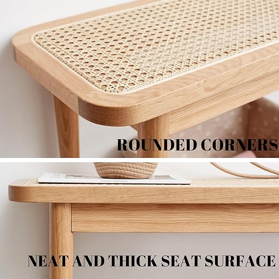 Wood Dining Bench,100% Natural Solid Oak Bed Bench with Rattan Design, Rounded Edge, Bench for Entryway Hall, Dining Room,Bedroom, Living Room (Natural Color, 39.37 inch)