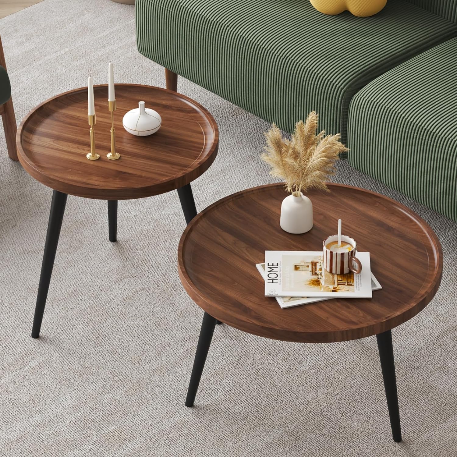 2 Pcs Mid Century Modern Round Coffee Tables for Living Room,Easy Assembly Nesting Coffee Tables